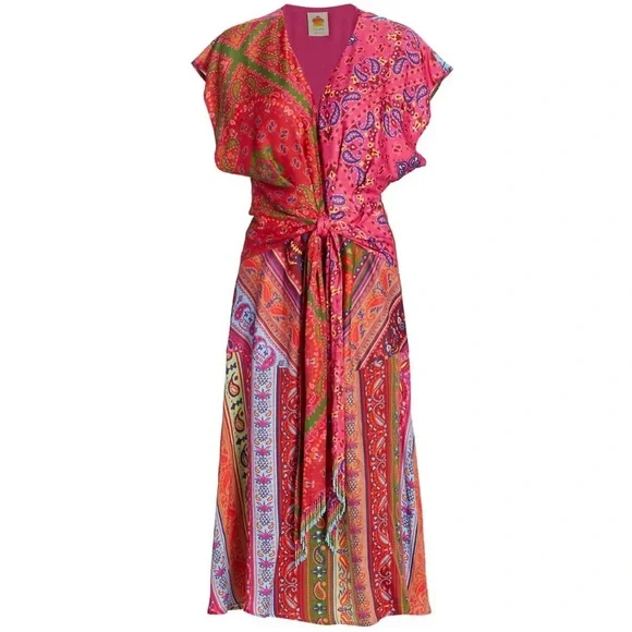 Farm Rio Colorful Floral Bandana Beaded Belt Waist Midi Dress size S - Picture 2 of 10